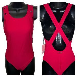 NWT Juicy Couture One Piece High Neck Swimsuit With Grommets Barberry Pink Small